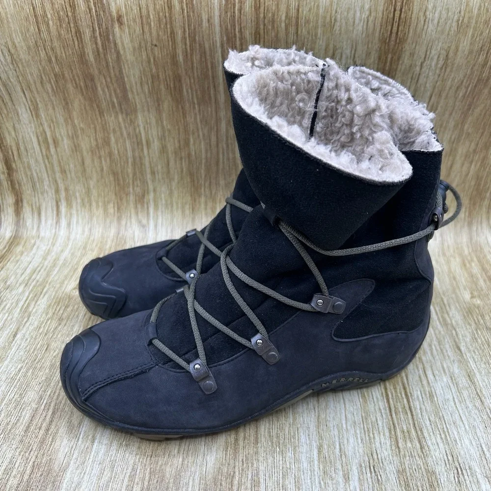 Merrell Forecast Tug Winter Boots Women's Size 8 Black Suede Faux Fur Lined